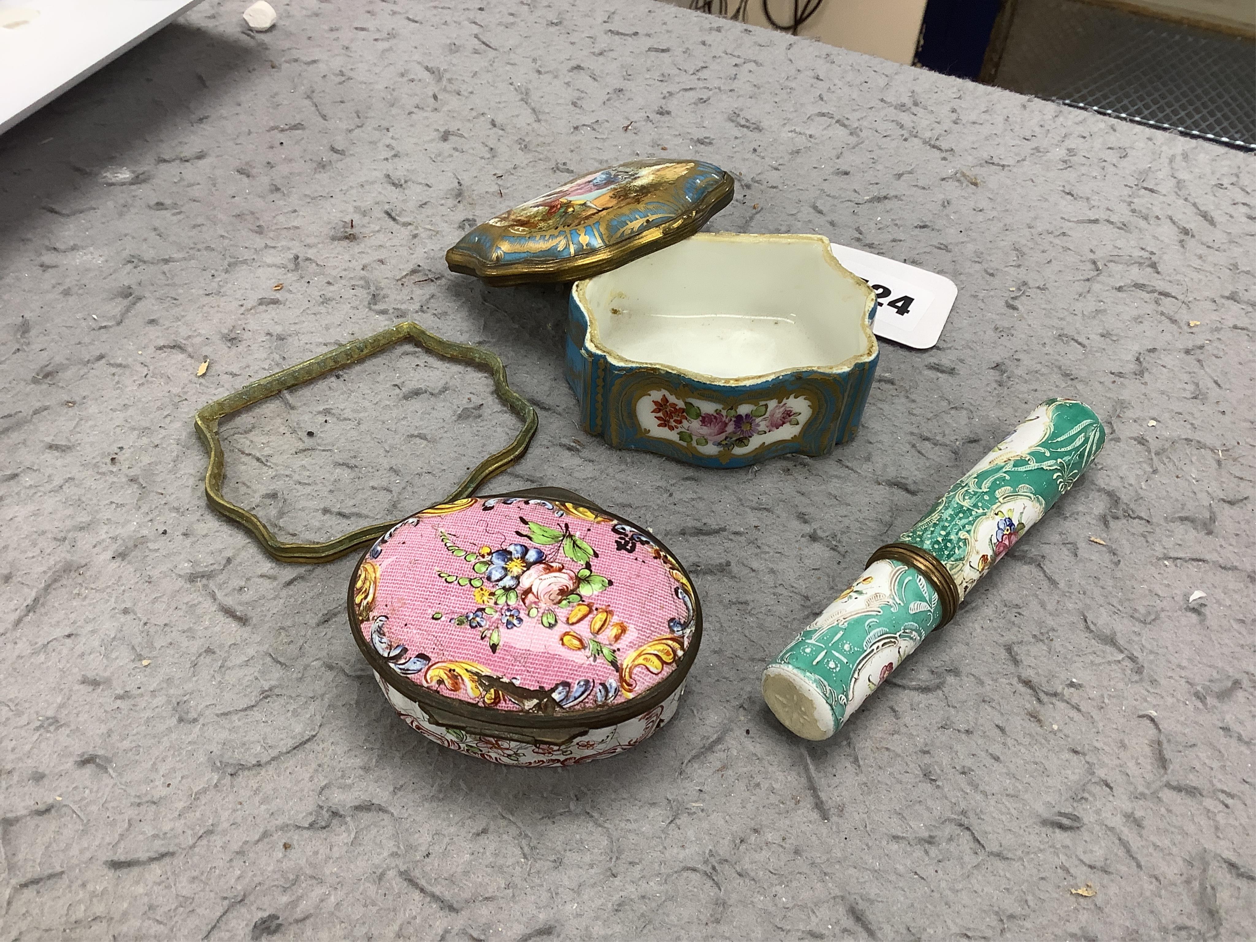 A South Staffordshire enamel bodkin case, 9cm wide, and three other enamel items; a patch box, thread holder and box with hinged cover.